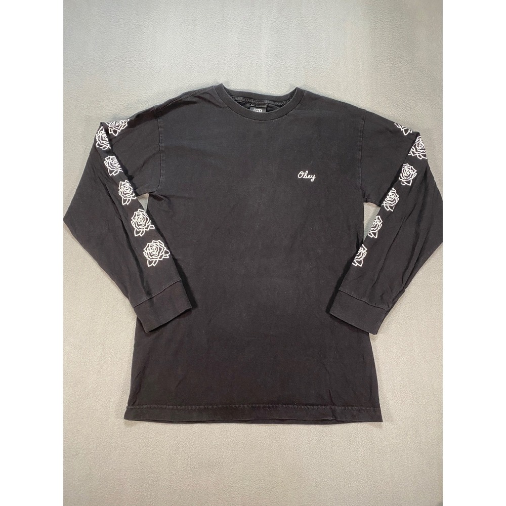 Obey Long Sleeve T-Shirt Mens Small Black Rose Graphic Print Streetwear Logo